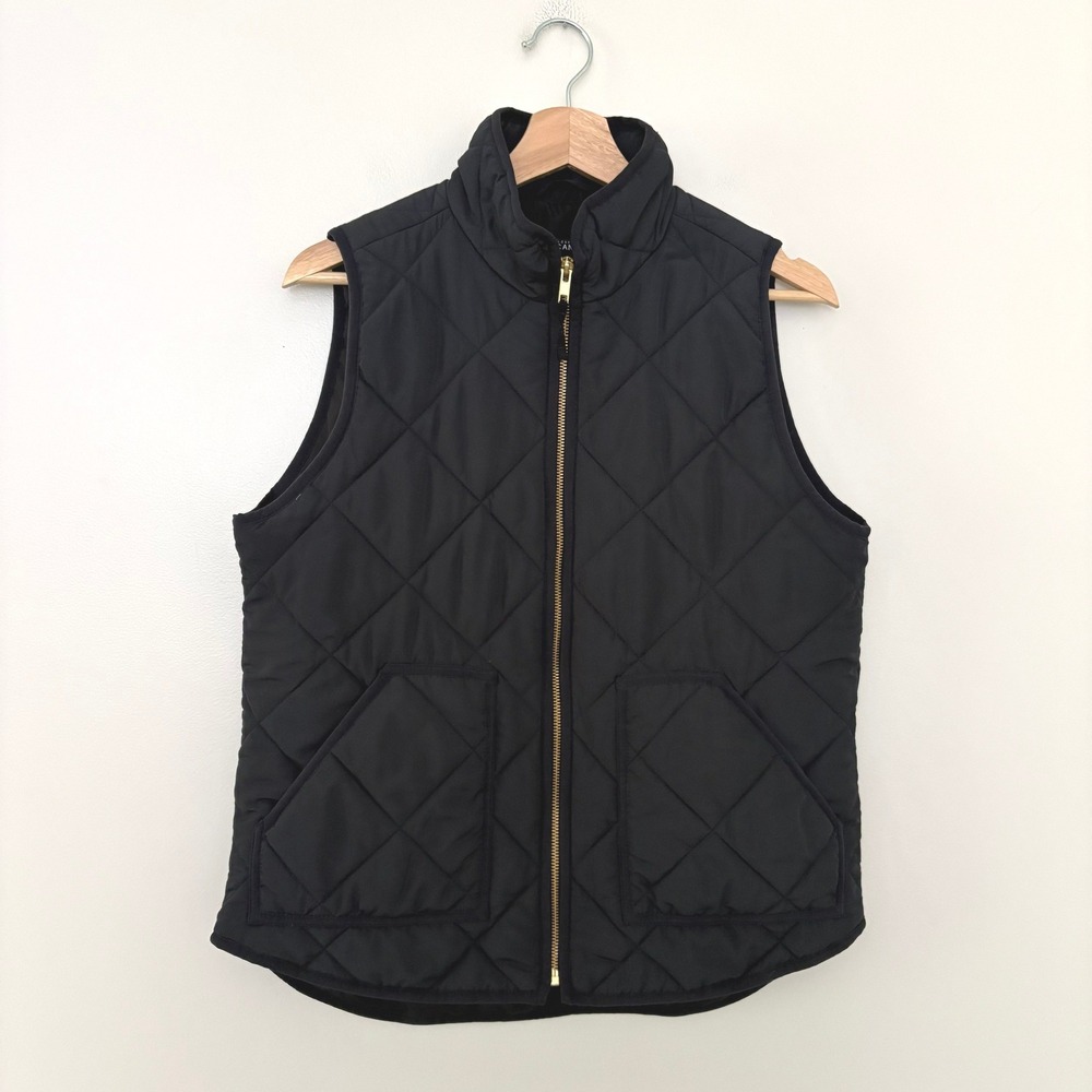 J.Crew Vest Quilted Puffer Medium Black Preppy Gold Zip Sleeveless Jacket